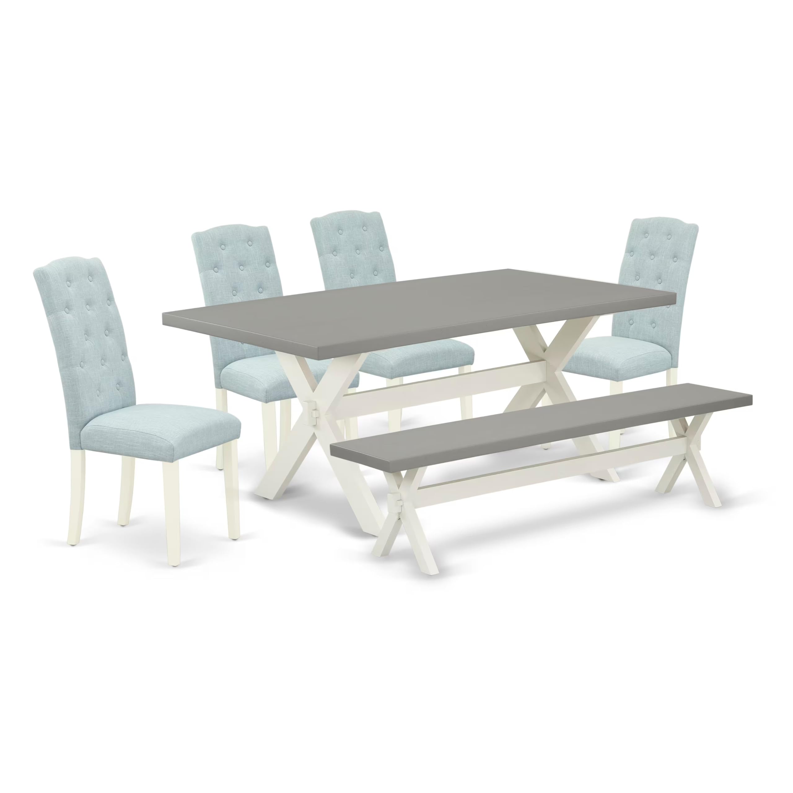 East West Furniture X097Ce215-6 6 Piece Dining Room Table Set Contains A Rectangle Kitchen Table With X-Legs And 4 Baby Blue Linen Fabric Parson Chairs With A Bench, 40X72 Inch, Multi-Color